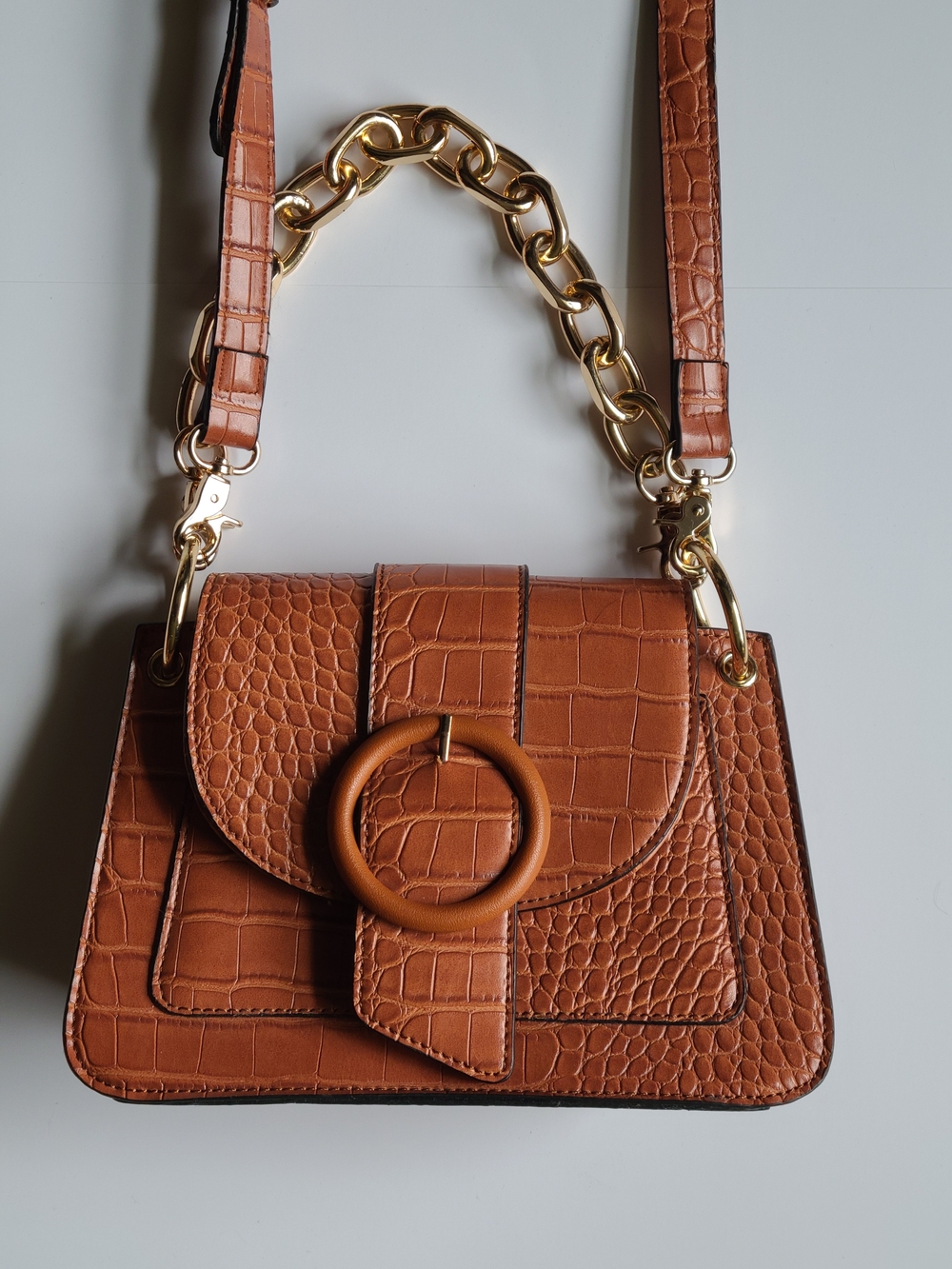 Poppy & Peonies Tan Croc-Embossed Chain Strap Shoulder Bag